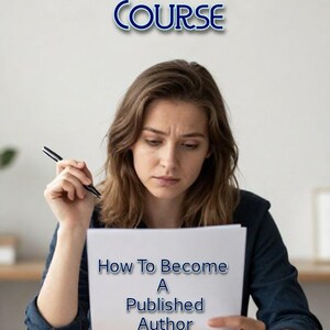Op de afbeelding: Een vrouw houdt een papier vast met de tekst "How To Become A Published Author". De afbeelding bevat ook de tekst "COMPLETE WRITING COURSE" in blauw. Ze houdt een pen vast en lijkt zich te concentreren.
