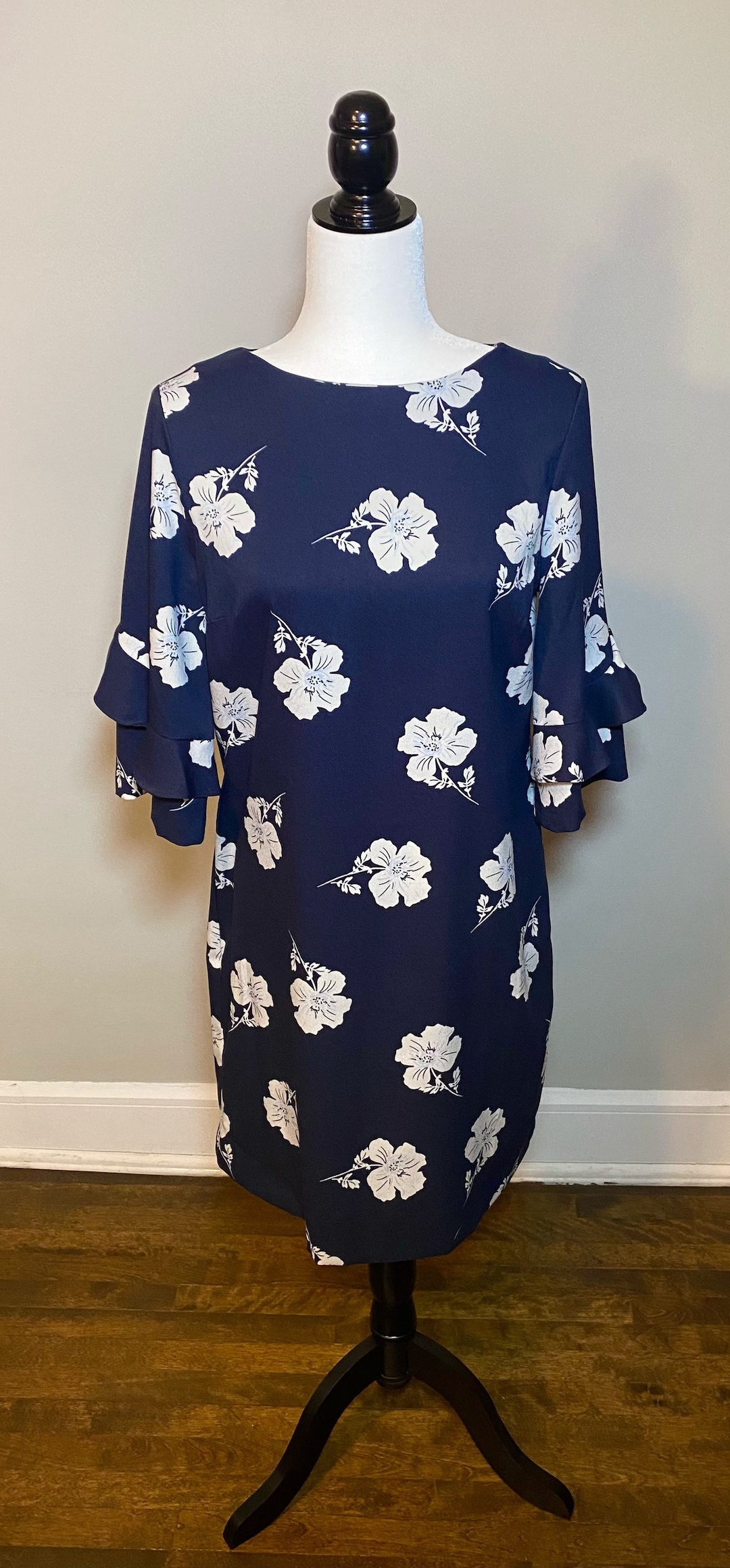 Cream and Navy Blue Shift Midi Dress With Fluttery Sleeves (size 8) - Etsy