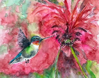 HUMMINGBIRD IN RED Watercolor Print  by Claudia Hafner