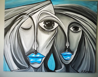 Mother and daughter Abstract, modern, contemporary art, acrylic painting on canvas, multicoloured art, face