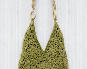 Bolso de ganchillo verde hecho a mano, bolso de mano artesanal de hilo europeo, bolso boho acogedor de ganchillo con estética, bolso de mano único y llamativo, bolso de hombro