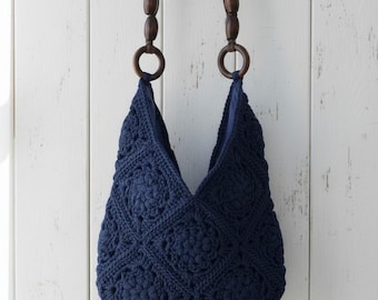 Bolso de ganchillo azul marino hecho a mano, bolso de mano artesanal de hilo europeo, bolso boho acogedor de ganchillo con estética, bolso de mano único y llamativo, bolso de hombro