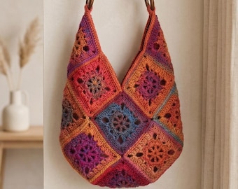 Bolso de abuela cuadrado de crochet bohemio, de lana 100 % premium con asa de cuentas de madera, accesorio otoñal único, estilo vintage.