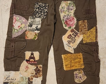 XL Long shorts khaki pants  patched 70s patch patchwork with patches grunge cargo upcycled handmade distressed grunge boho capri  x large