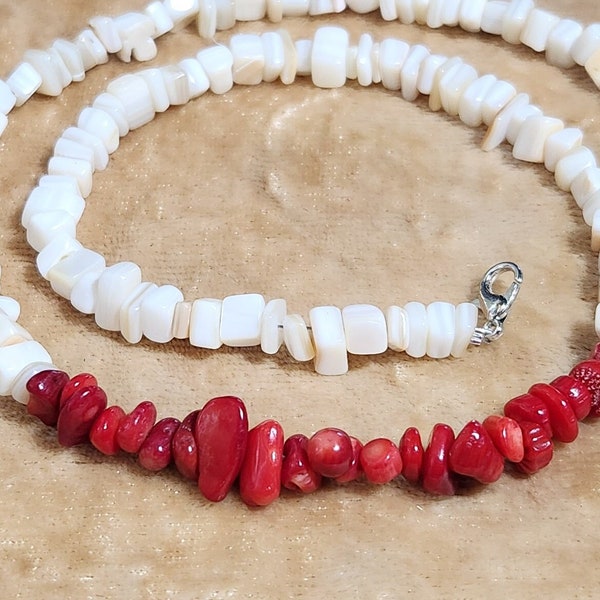 Shell choker necklace, mother of pearl necklace, red coral beads men women beaded mop seashell short 17 18 19 10 inch