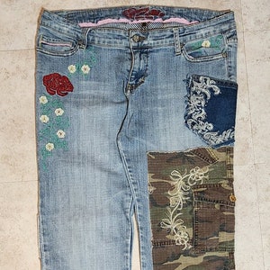 Embroidered jeans with  patches for women denim extra pockets 38x34 tall LOW RISE hip hugger upcycled with camo patches