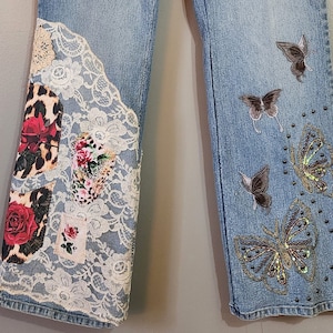 Lace and floral jeans for women denim with patches flare upcycled patches embroidered sequin 36x32 mid rise tall long large xl