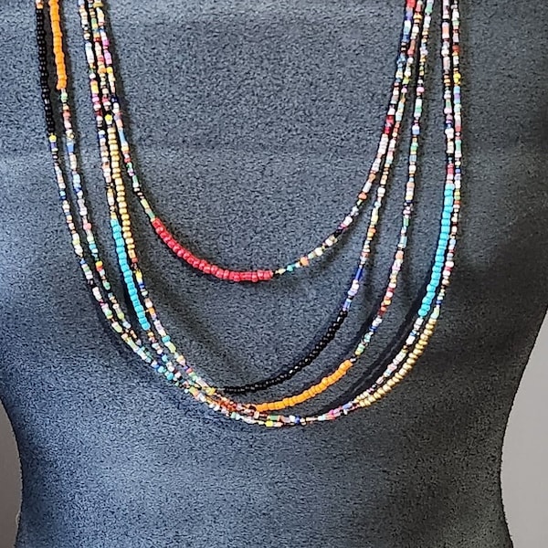 Long bead necklace seed beads unique hand beaded wire strung single  layer wrap layer turquoise blue gold red black orange mixed multi color