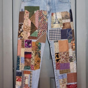 Mens patched jeans denim with patches patchwork front back super 35x32 steampunk bohemian clothing upcycled vintage and new fabric XL