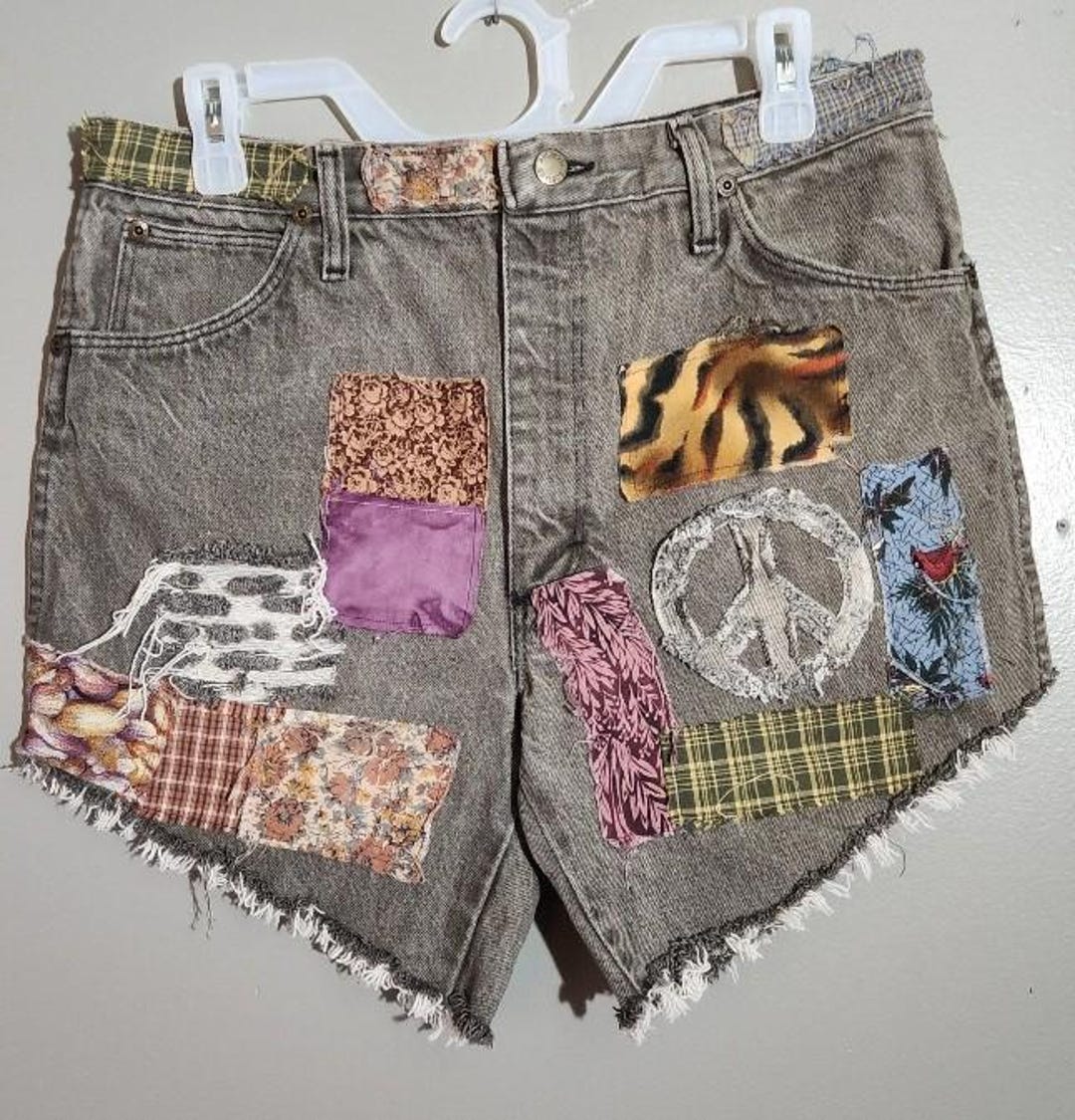 34" Patched Denim Shorts With Patches Jeans Patchwork Grunge Peace Sign ...