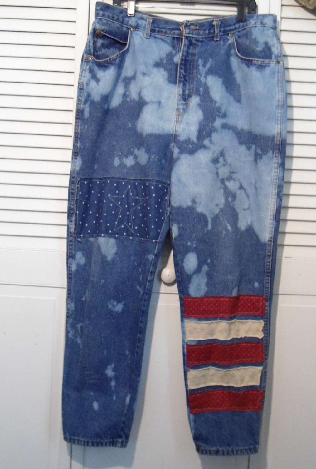 Flag Jeans Patchwork Bleached Stars and Stripes Material Boho