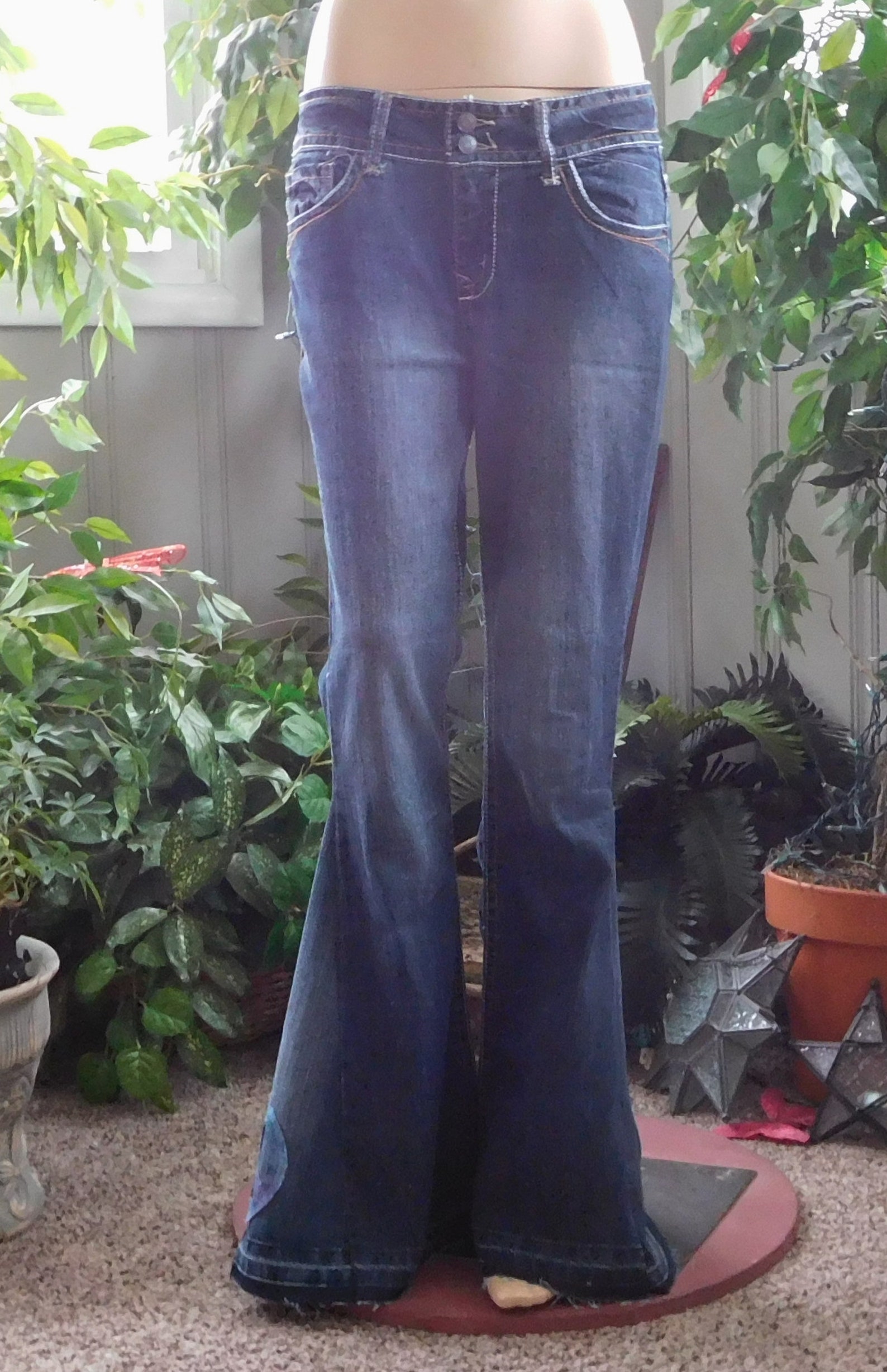 Sz 8 Bell Bottom Jeans Women Patchwork Hip Hugger Upcycled | Etsy