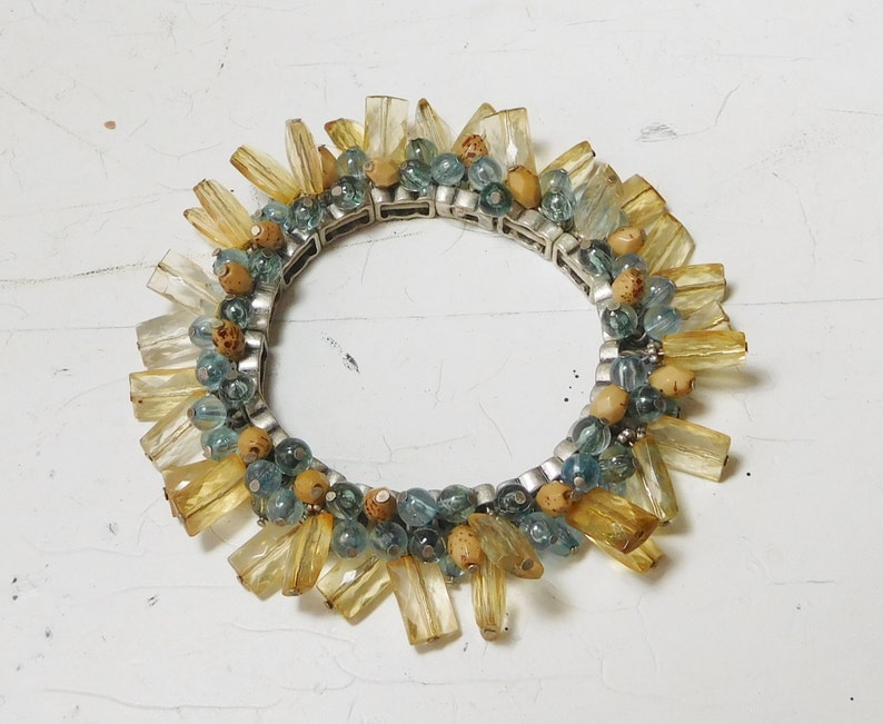 Dangling Bead Bracelet Citrine Color and Light Blue Dangling Bead Charm Vintage Costume Jewelry Adjustable Up To 7 12 Bohemian