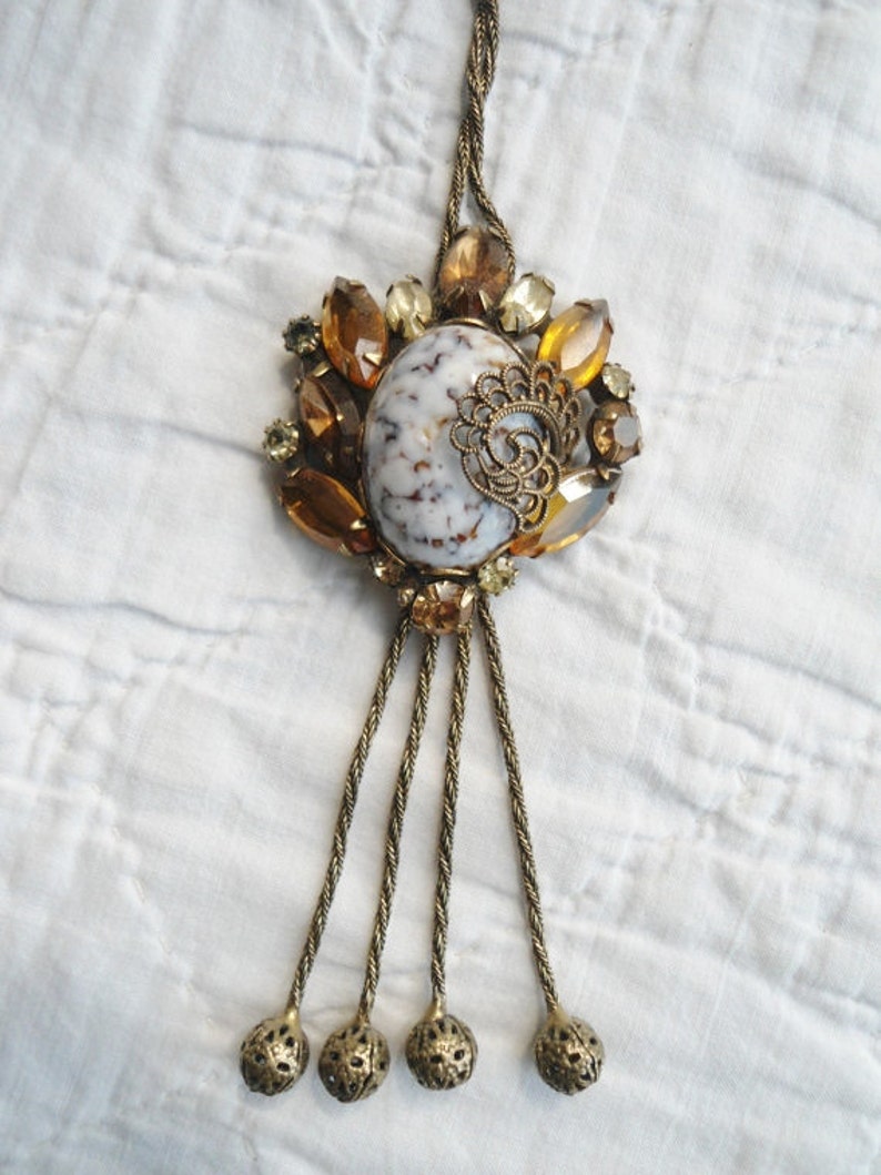Long Tassel Station Chain Necklace Layering Lavalier Art Nouveau Pronged Settings 33 Retro Citrine Rhinestones Antiqued Brass Jasper