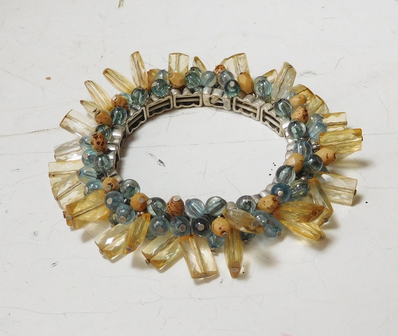 Dangling Bead Bracelet Citrine Color and Light Blue Dangling Bead Charm Vintage Costume Jewelry Adjustable Up To 7 12 Bohemian