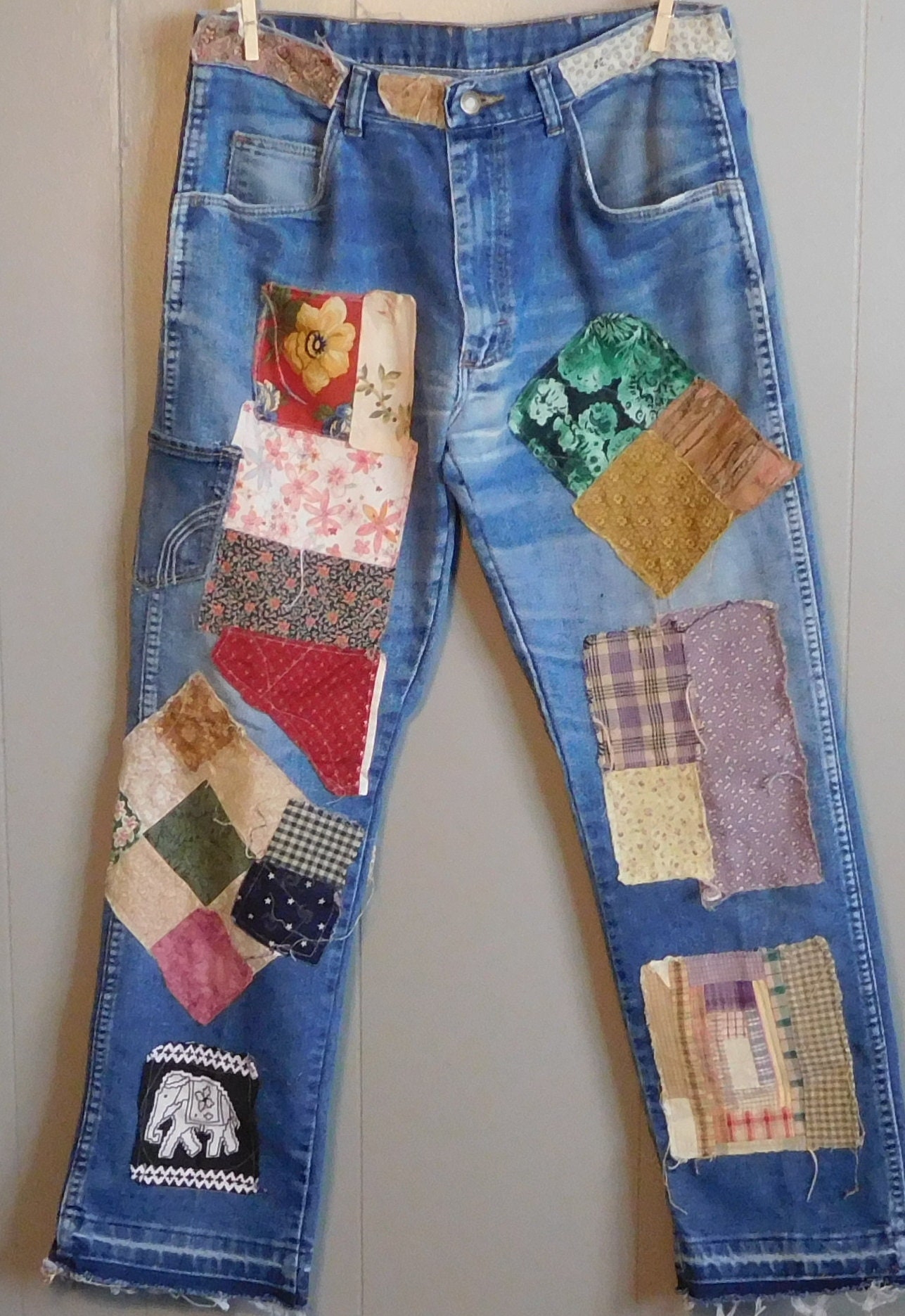 LandofBridget Patchwork Jeans Mens Patched Denim with Patches Boho Hippie Patch Distressed 33x30 Patched Front Back Grunge Hippie Boho Bohemian Handmade