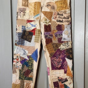 Mens Jeans with patches Patchwork denim front back bleached totally patches 34x34  distressed geometric graphic unisex quilt pants 34&quot;