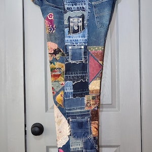 Jeans with patches denim for women totally patched and reworked to make a larger plus size 43x29 HIP HUGGER LOW mid rise reconstructed 16 18