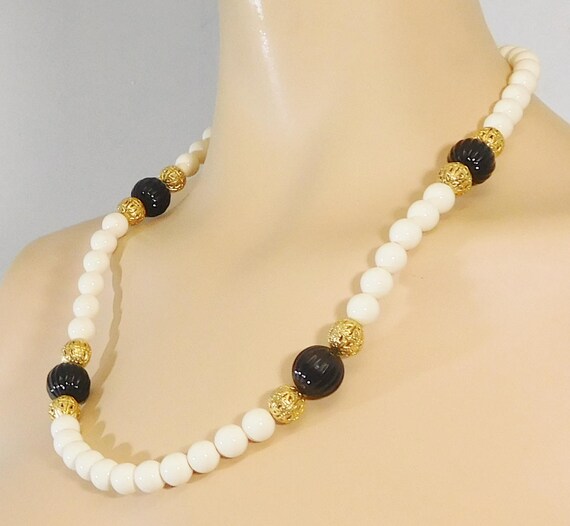 White Beaded Necklace Large Black Beads Gold Filigree Plastic Etsy