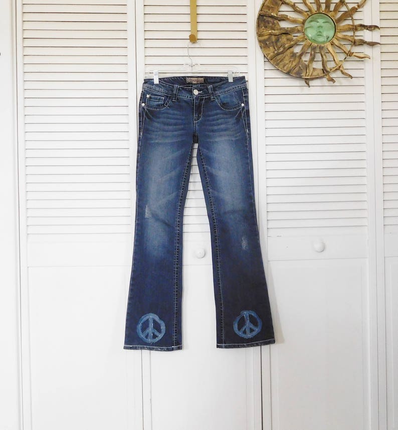 Hip Hugger Jeans Patchwork Low Rise 33x33 Patched Peace Sign | Etsy