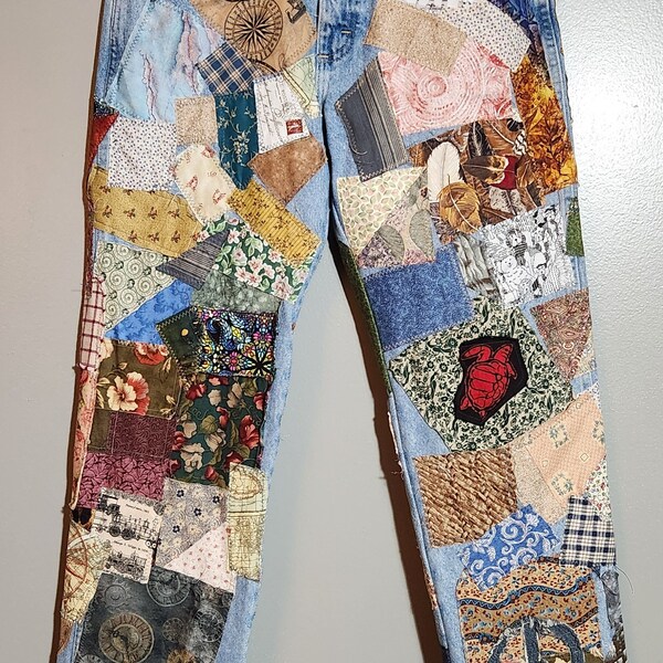 33" Patch jeans men women patchwork denim both sides with tons of patches distressed grunge hippie kurt upcycled custom front back y2k