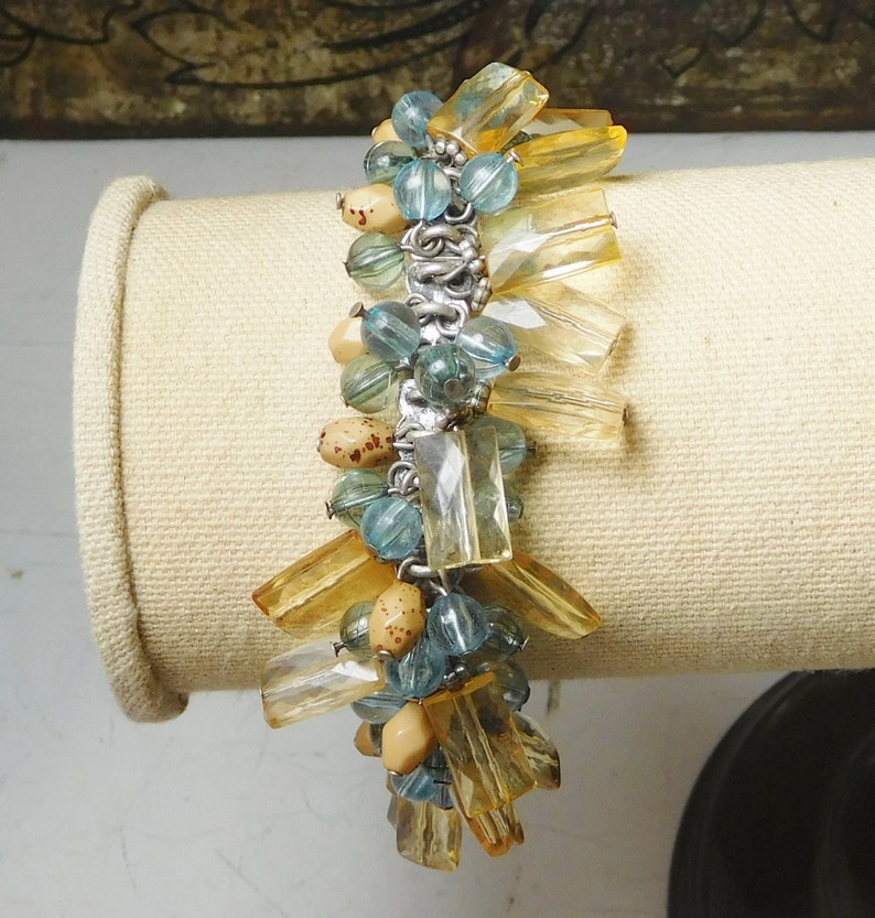 Dangling Bead Bracelet Citrine Color and Light Blue Dangling Bead Charm Vintage Costume Jewelry Adjustable Up To 7 12 Bohemian