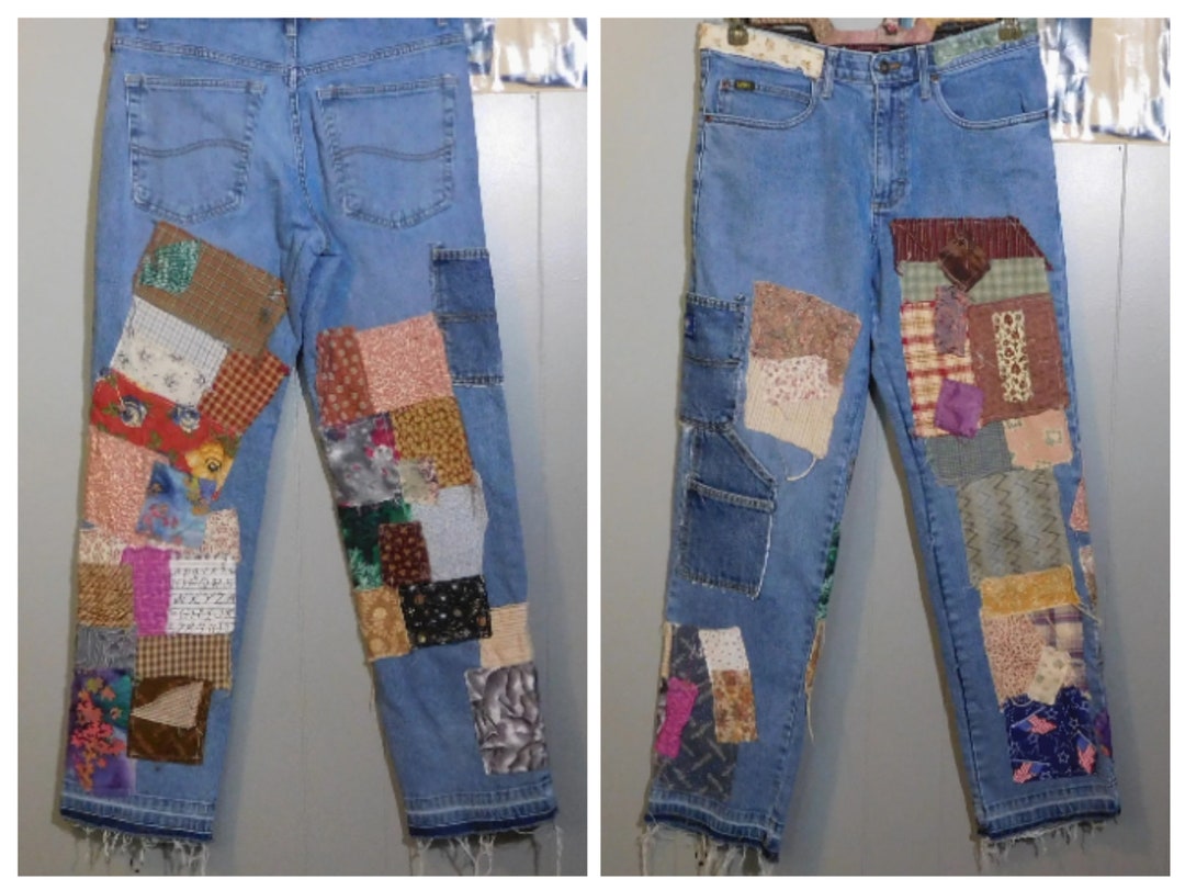 Mens Patch Jeans Distressed Denim Patchwork Patched 32x30 With Patches Front Back Hippie Grunge
