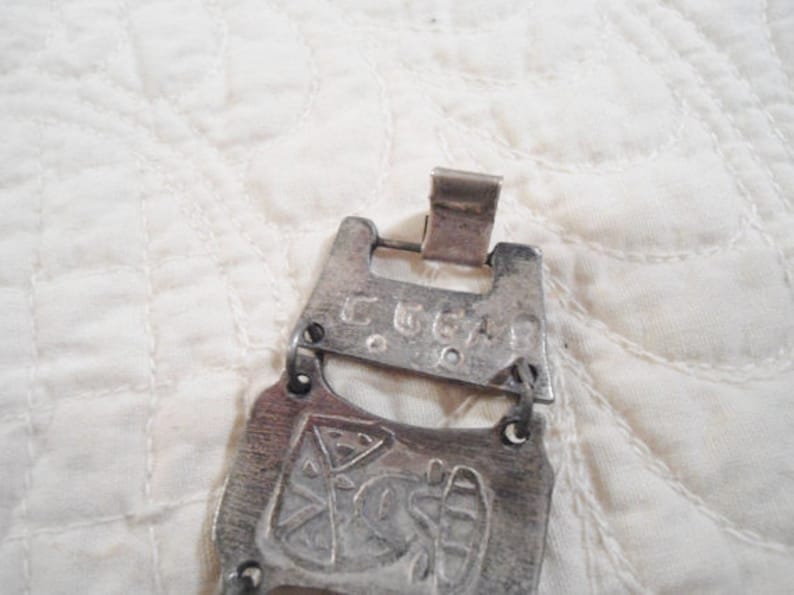Anitqued Silver Panel Bracelet Carved Face Signed Mexican Tribal Mask Aztec Warrior Face Southwest Cowgirl Western Statement Sundance Rustic