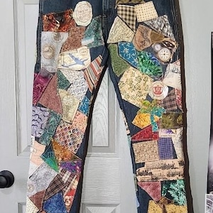 Totally patched mens jeans denim with layered patches embroidery stitch 36x33 long tall  100% cotton one of a kind