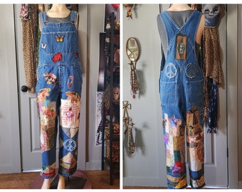 Denim overall jeans with patches over patches front back patchwork quilt blocks stitching 35" sz small vintage worn in custom handmade