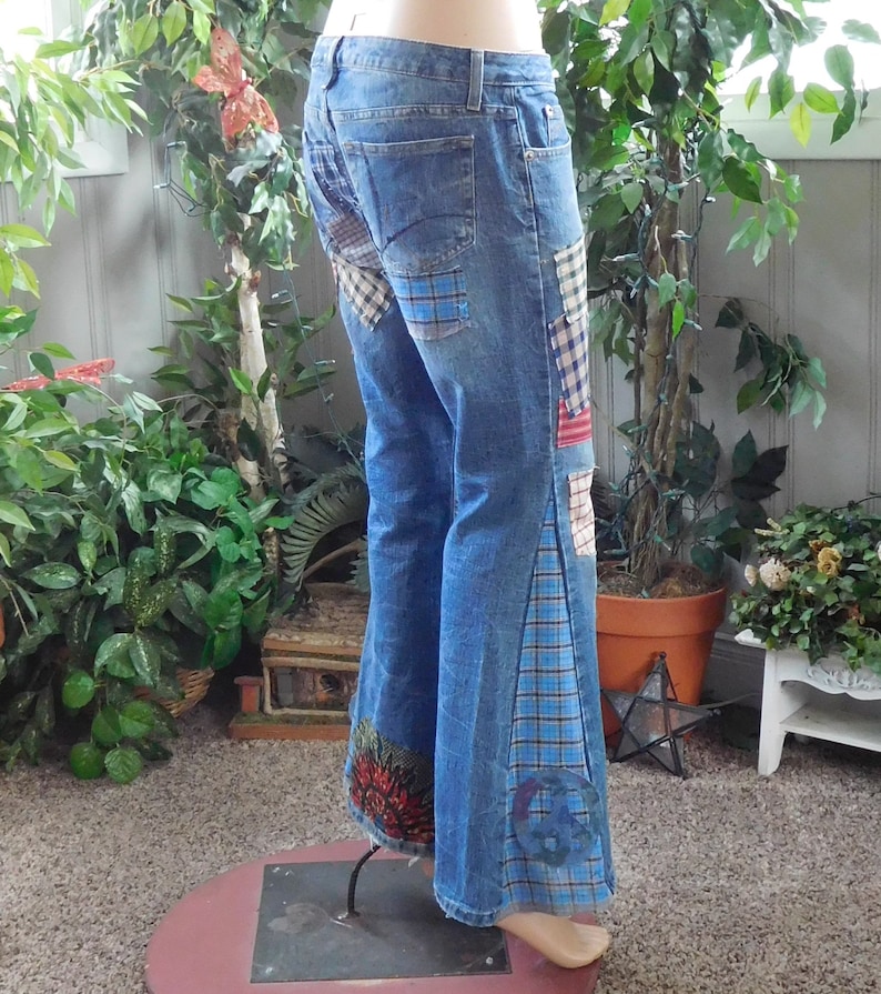 Patchwork Bell Bottom 70s Hippie Flare Jeans Hip Hugger Size 9 | Etsy