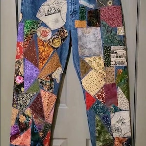 Mens patch jeans patchwork on all sides front back patched on top of patches 35x34 tall long bohemian tribal boho style clothes UNISEX