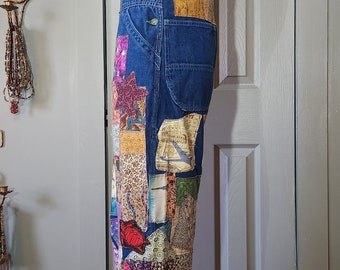 Fully patched denim overall bib jeans with patches front back 33" small patchwork both sides quilt blocks vintage fabric handmade women