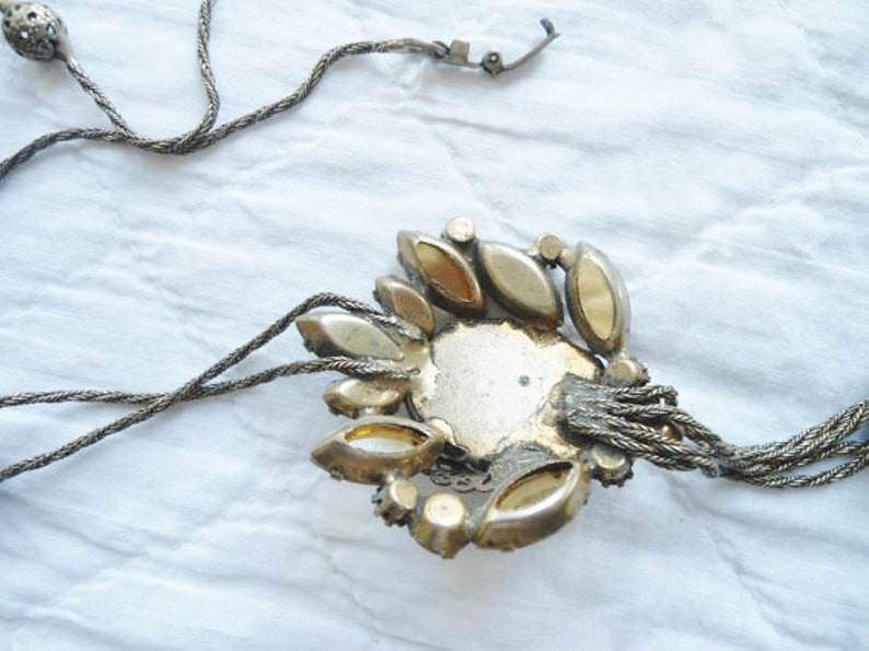 Long Tassel Station Chain Necklace Layering Lavalier Art Nouveau Pronged Settings 33 Retro Citrine Rhinestones Antiqued Brass Jasper