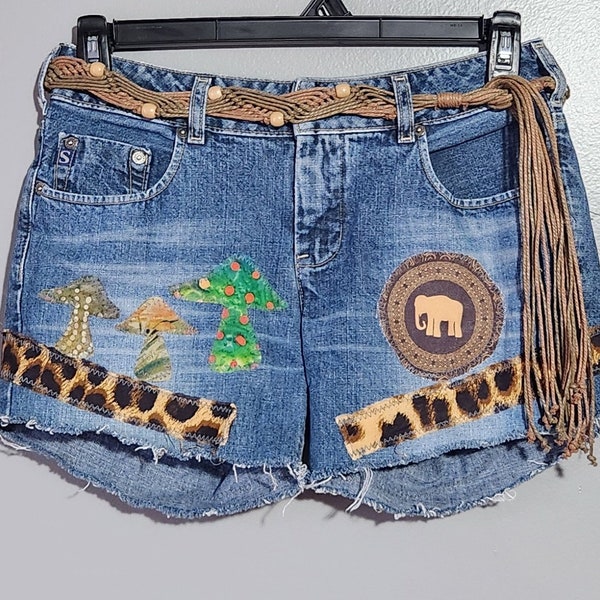 30" Hippie jean shorts cut offs patched on both sides mushrooms elephant leopard fabric macrame beaded fringe belt mid rise distressed