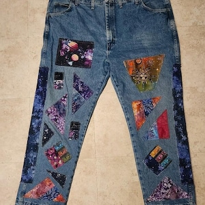 Upcycled plus jeans patched denim plussize 46x31 saved with patches distressed loose baggy