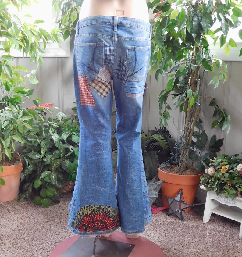 Sz 9 Patchwork Bell Bottom 70s Hippie Flare Jeans Hip Hugger | Etsy