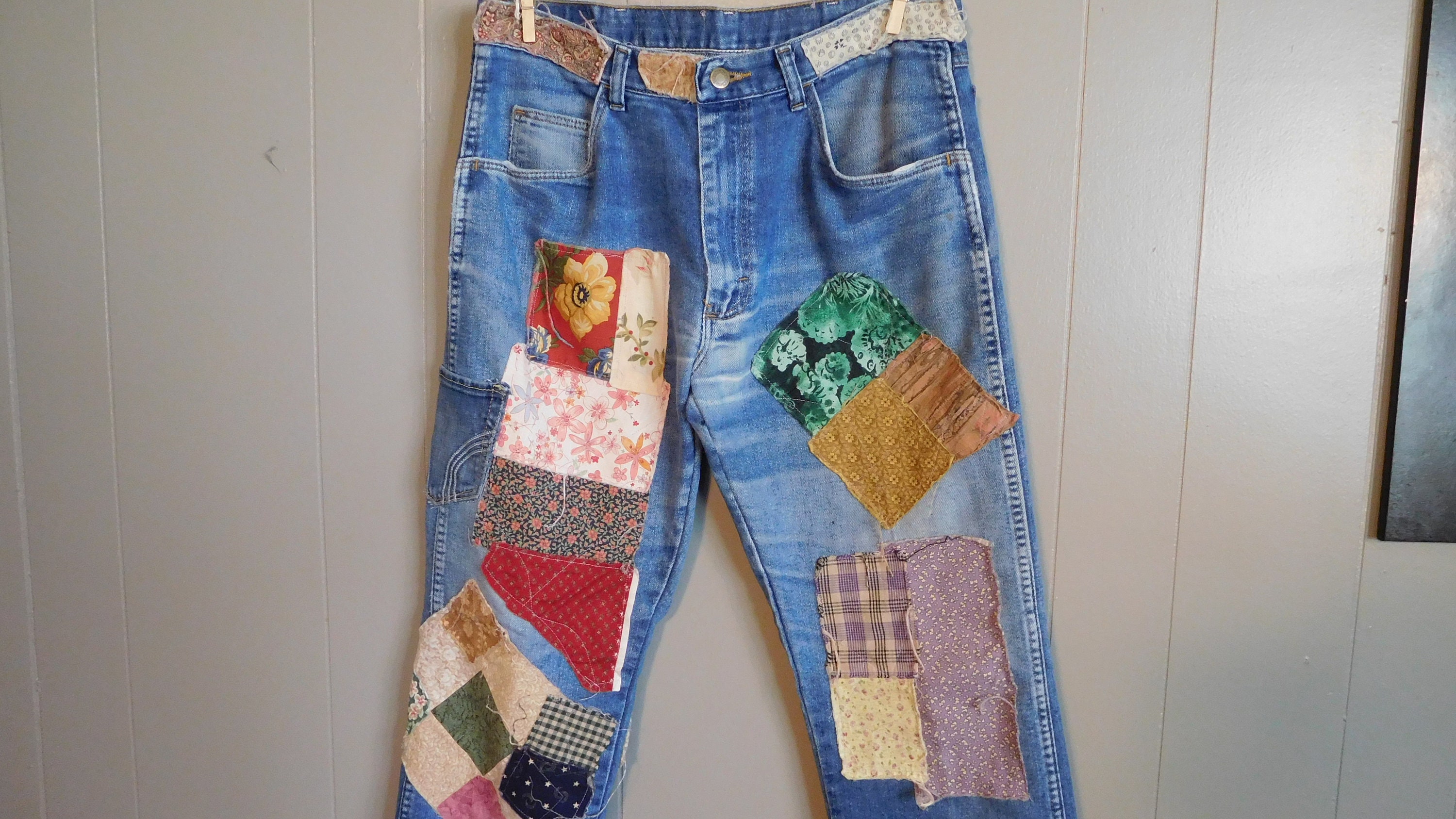 LandofBridget Patchwork Jeans Mens Patched Denim with Patches Boho Hippie Patch Distressed 33x30 Patched Front Back Grunge Hippie Boho Bohemian Handmade