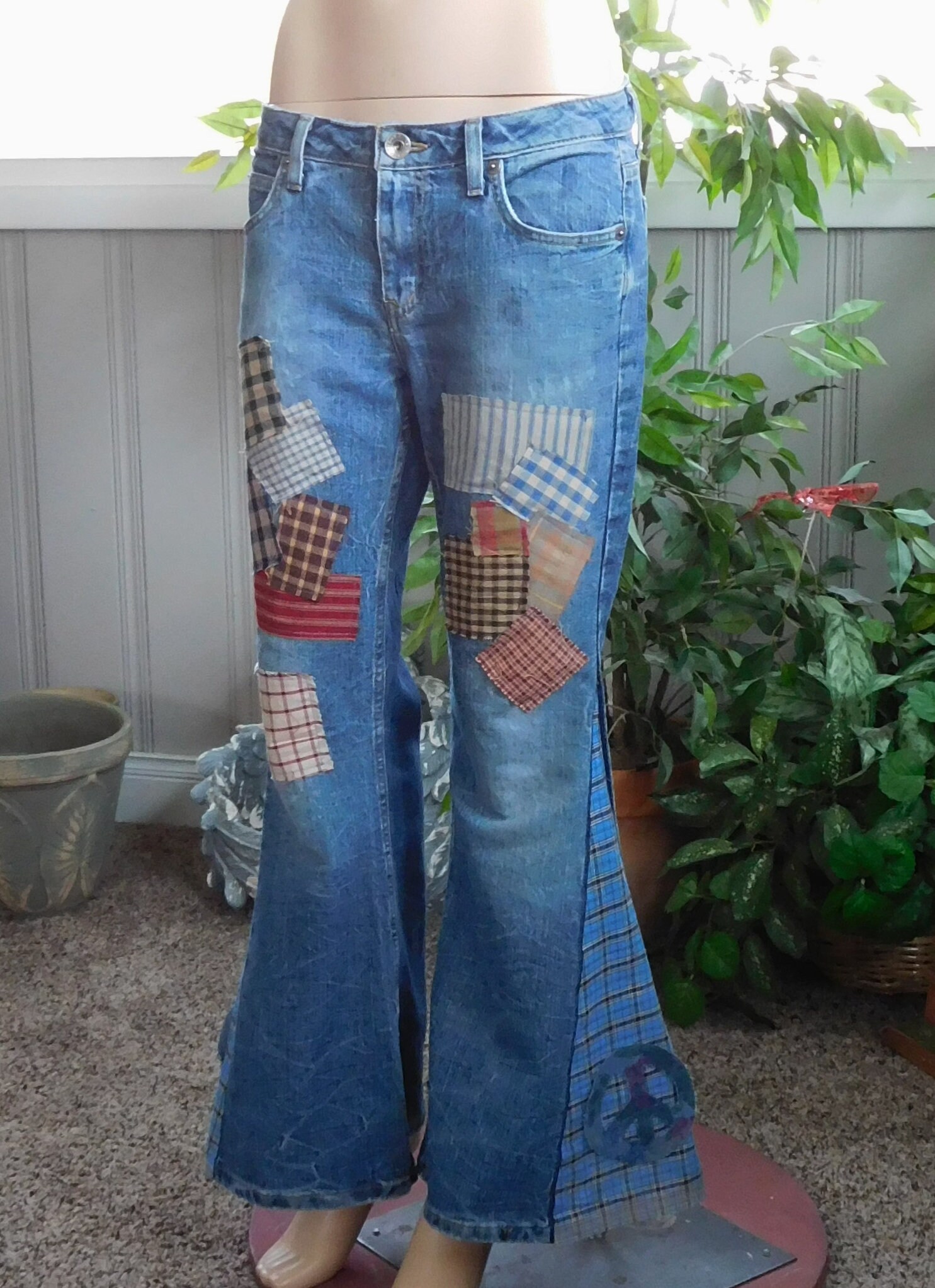 Patchwork Bell Bottom Jeans for Women 