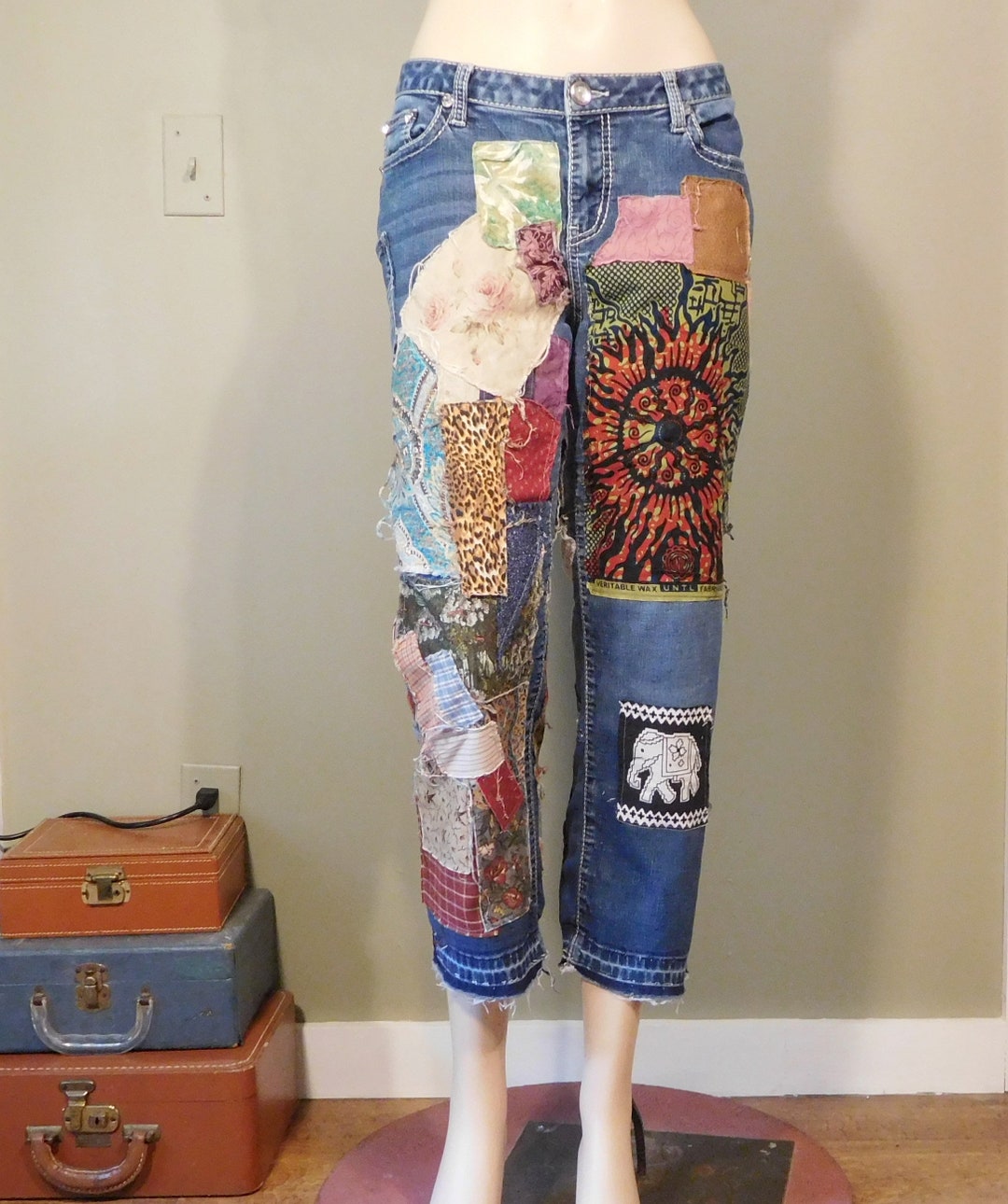 Patchwork Jeans Women Sz 12 Upcycled Patched Hip Hugger Low - Etsy