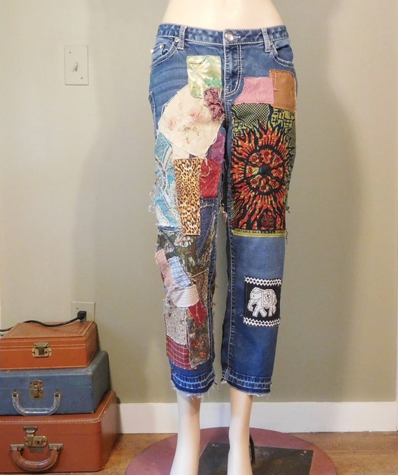 Patchwork Jeans Women Sz 12 Upcycled Patched Hip Hugger Low | Etsy