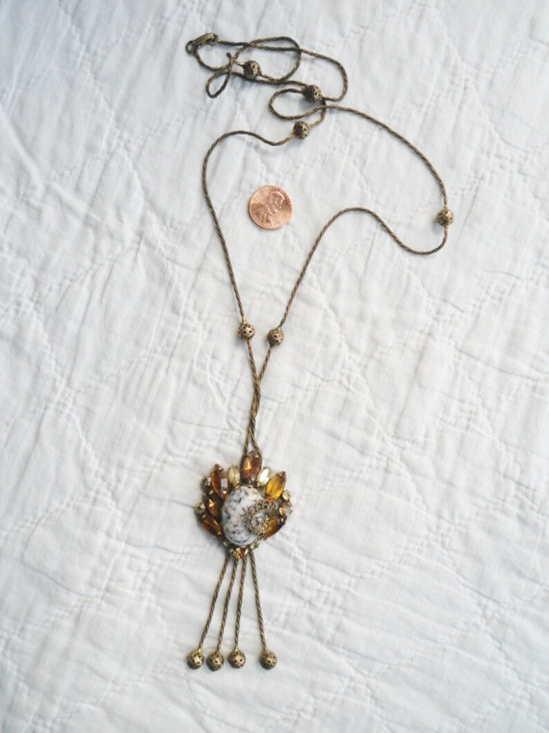 Long Tassel Station Chain Necklace Layering Lavalier Art Nouveau Pronged Settings 33 Retro Citrine Rhinestones Antiqued Brass Jasper