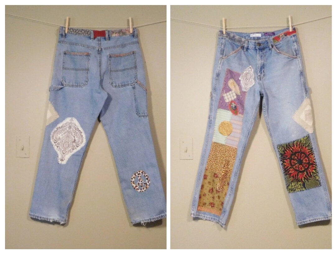 32 Denim With Patches Embroidery Patchwork Jeans Distressed Hippie Boho ...