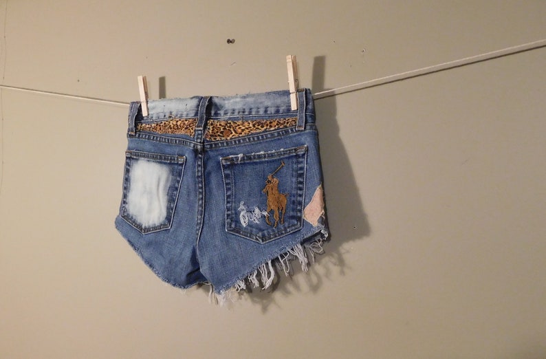Patched Jean Shorts Upcycled Cutoffs Patchwork Bleached size xsmall small hip hugger low rise made in the usa clothing One of a kind