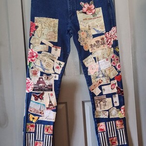 Totally patched jeans for women floral patches embroidery stitched pants high waisted plus size 40x36 tall