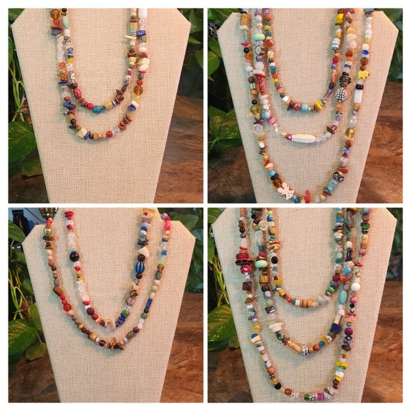 Colorful chunky bead necklace, Boho long necklaces, large bead necklace, Multi strand color beaded, rustic natural earth tones johnny