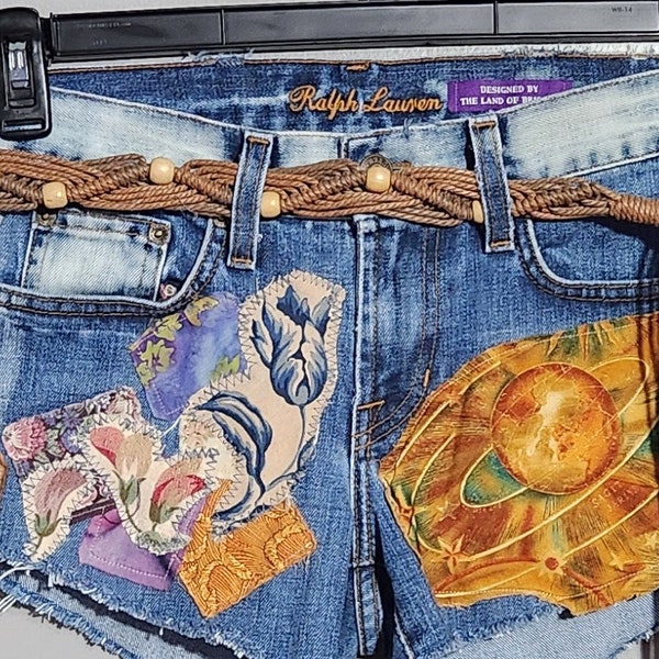 Sz 9 hippie patched cut off blue jean shorts denim with patches bleached boho macrame belt beads beaded patchwork 28 waist 8 medium cotton
