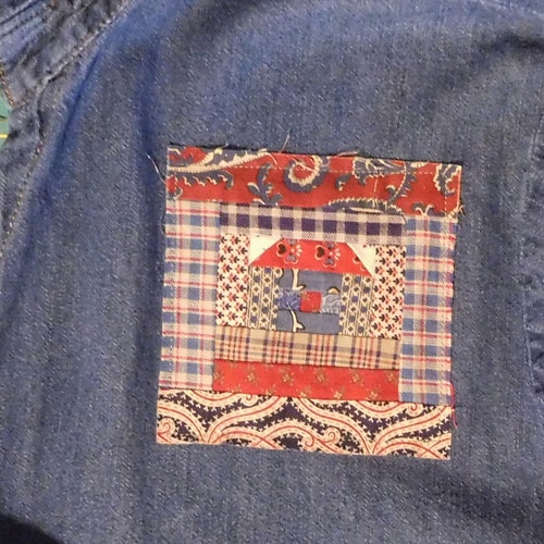Plussize jean shops jacket shirt boyfriend plus size 22/24 Upcycled Patchwork xxl patched land of bridget