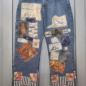 Patchwork jeans patched on front back denim with patches 36x32 tall long wide leg high waist 100% cotton patching unisex Red Head brand