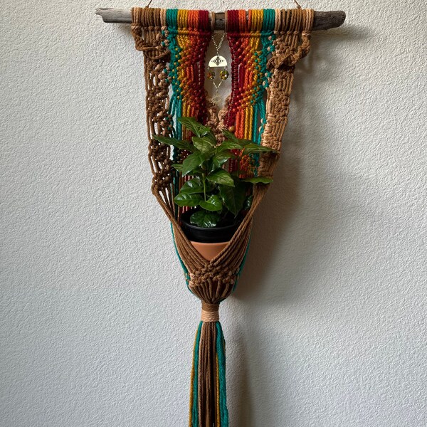 Southwestern Macrame Wall Hanging Plant Hanger Planter With Suncatcher Turquoise Boho Driftwood Handmade in California